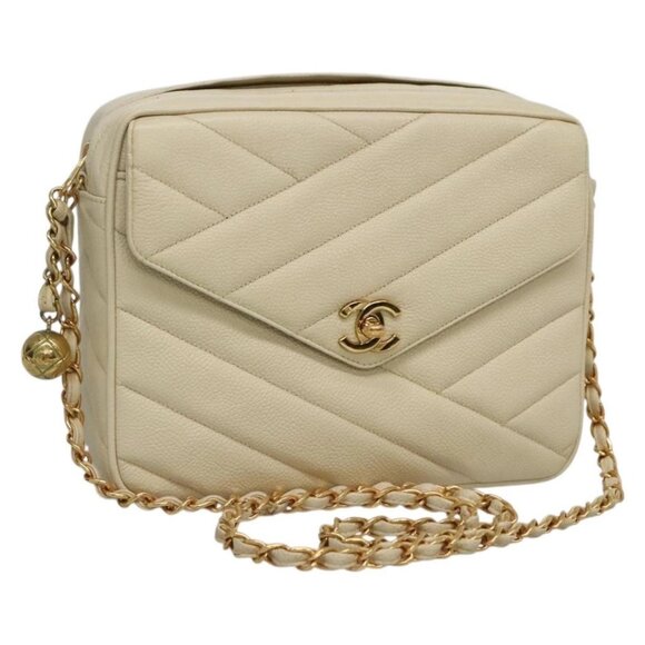 CHANEL Matelasse Chain Shoulder Bag Grained Calf Skin Beige Gold CC Auth PP849V - Picture 1 of 16